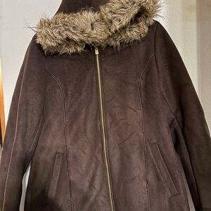 Ellen Tracy Dark Brown Teddy Jacket with Faux Fur Hood